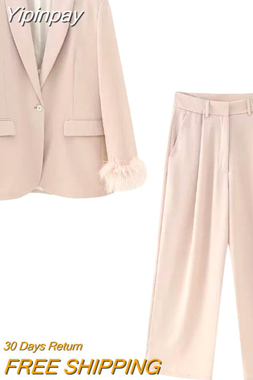 Yipinpay 2023 Pink Blazer Woman Fashion Button Jacket With Feathers Long Sleeve Blazer Suits For Women Spring Elegant Womens Jackets